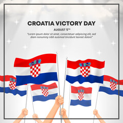 Square Croatia Victory Day background with hands and waving flags