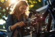 © toonsteb - happy woman fixing bicycle on a bicycle rack with Generative AI