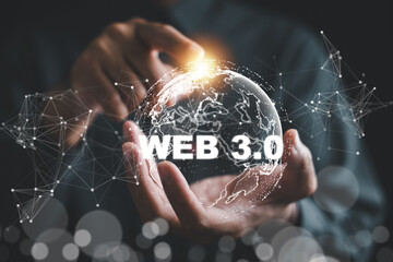 Wall Mural - Web and technology concepts, forward thinking businessman in suit stands against a captivating dark background, Exciting possibilities of Web 3.0 in internet development and global connectivity. Web3