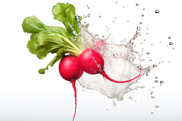 Wall Mural - Small fresh radish with water splash isolated on white background. (ai generated)