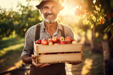 happy young country male farmer holding apple wooden box to carry in orchard with Generative AI