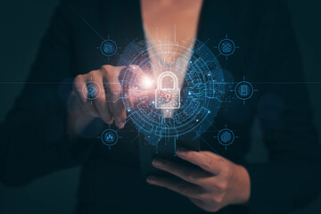 Poster - Cyber ​​Security and Protection of Critical Data Businesswoman holding a padlock, internet network security Protect your business and financial transaction data from cyber attacks