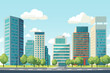 Cityscape with tall skyscrapers, office buildings and trees. Business district of the city. Vector illustration.