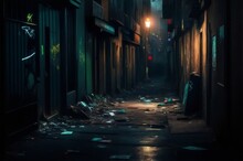 Urban Noir: Gritty Alleyway Bathed In Dim Streetlight (Generative AI)