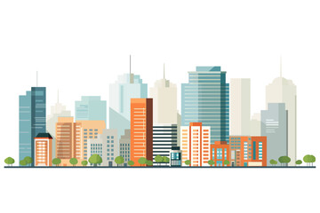 Wall Mural - Cityscape with tall skyscrapers, buildings and green trees. Vector illustration.