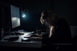 Young woman working late at night in the office, she is stressed and worried. Generative AI