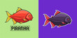 Piranha logo set, vector piranha mascot. Dangerous fish illustration. Cartoon piranha, vector sign, sticker and silhouette. Angry fish logotype and esports emblem for graphic design and animation