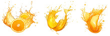 Orange Juice Splash Isolated On Transparent Background, Fruit Juice Crown Splashes Wave Swirls Drops, Shiny Yellow Liquid Splashing Fluids Droplets, Fresh Drink, Clear Beverage, Generative Ai