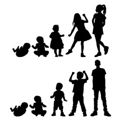 Vector illustration. Silhouette of growing up man from baby to old age. Many people of different ages in a row.