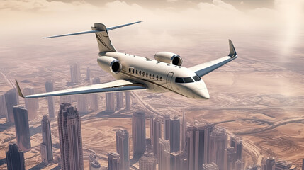 Wall Mural - Business jet airplane flying over desert city and sea coastline.