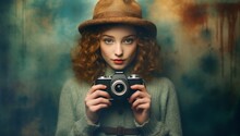 Portrait Of A Beautiful Red-haired Girl In A Hat With A Camera Ai Generated