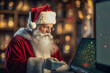 Weihnachtsmann vor einem Monitor mit einem Diagramm. Symbolisch für Weihnachtswünsche entgegennehmen. Im Hintergrund eine Hausfront mit festlicher Beleuchtung. Generative KI