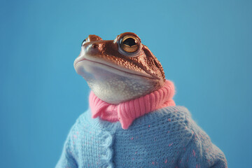 Poster - Generative ai template collage of anthropomorphic exotic toad wear knitted sweater advertise products for pets