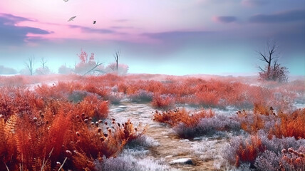 Wall Mural - A sunset in the field with a path leading to the horizon. Generative ai