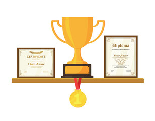 golden trophy and awards on wooden shelf isolated on white background vector illustration