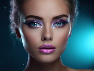Wall Mural - female glamour beauty with blue eyeliner and purple lip makeup