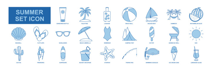 Wall Mural - Summer icon set, travel symbols collection, logo illustrations, beach icons, tourism signs linear pictograms package isolated vector illustration