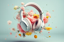 Creative Love Concept Of Music With Headphones And Spring Flowers In The Pastel Mint Background. Love, Happy Valentine's Day With Music. Illustration. Generative AI.
