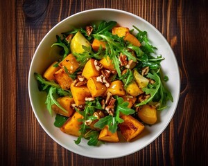 Wall Mural -  Roasted Pumpkin Salad in bowl on wooden table. Top view, aI generated