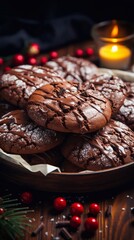 Wall Mural -  Close up of Freshly baked chocolate cookies with chocolate drops in baking sheet on christmas background. AI generated