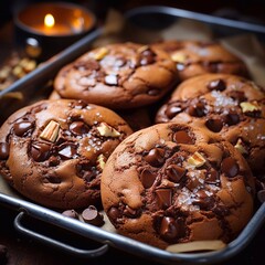 Wall Mural -  Close up of Freshly baked chocolate cookies with chocolate drops in baking sheet on christmas background. AI generated