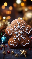 Wall Mural - Baked Gingerbread Cookie on Christmass tree party  background. Christmas traditional cookies. AI generated