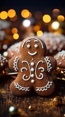 Wall Mural - Baked Gingerbread man  Cookie on Christmass tree party  background. Christmas traditional cookies. AI generated