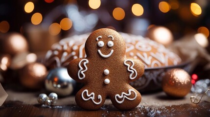 Wall Mural - Baked Gingerbread man  Cookie on Christmass tree party  background. Christmas traditional cookies. AI generated