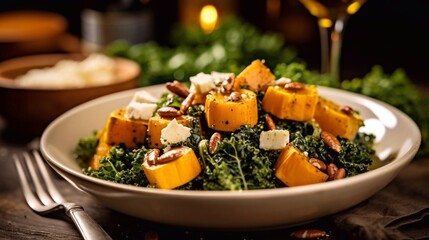 Wall Mural - Roasted Pumpkin Salad with Feta and Pesto in bowl on wooden table. aI generated