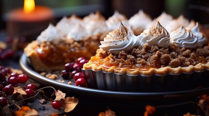 Wall Mural - Pumpkin pie with whipped cream on dark autumn background. AI generated