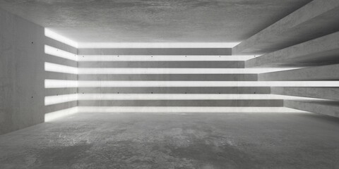 Abstract large, empty, modern concrete room with light grid thru stacked concrete plates and rough floor - industrial interior background template