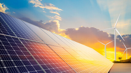 Wall Mural - solar panel, wind turbine and clean blue sky. renewable energy clean and good environment.