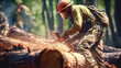 A Loggers cuts a tree trunk with a chainsaw. Felled and sawn logs of trees in the foreground. Forest clearing destroys vital habitats. Habitat Destruction, environmental problems. Copy space. Banner