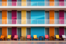 colored  facade with balconies and deckchairs