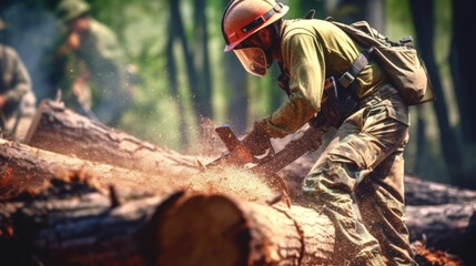 Wall Mural - A Loggers cuts a tree trunk with a chainsaw. Felled and sawn logs of trees in the foreground. Forest clearing destroys vital habitats. Habitat Destruction, environmental problems. Copy space. Banner