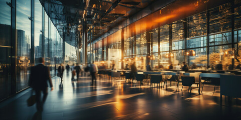 Wall Mural - Long exposure banner of busy crowded modern office building with business people