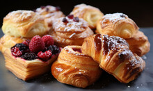  A Pile Of Croissants With Berries And Powdered Sugar.  Generative Ai