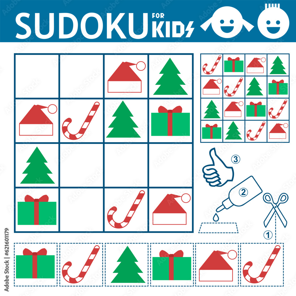 Sudoku game for kids with answers. Christmas worksheet. Kids activity ...