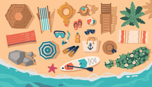Top View Of Beach Items, Umbrella, Beach Chair, Towel, And Beach Ball, Sup Board, Flippers Scattered On Golden Sand