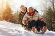 happy multicultural senior couple rides a sled down a hill, generative ai
