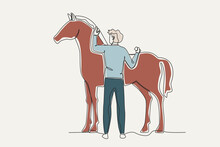 Color Illustration Of A Man And His Horse. Farmer And Cattle One-line Drawing