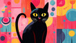 Stylized cute black cat vibrant colors kitsch mid century modern art abstract background