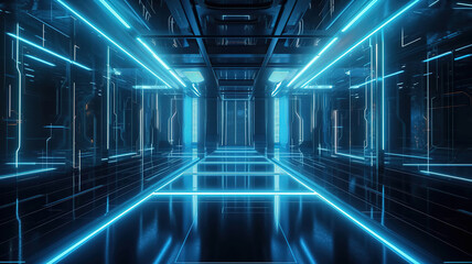 Poster - Abstract blue neon background with lines and rays. Generative Ai