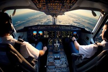 Pilots At Work Of Modern Passenger Jet Aircraft, Airplane Cockpit.