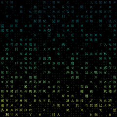 Poster - Abstract background. Random characters of Chinese Traditional Alphabet. Gradient matrix pattern. Blue, green, yellow color theme backgrounds. Tileable horizontally. Amazing vector illustration.