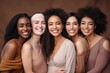 © visoot - portrait and women with diversity and beauty, Skincare, Diversity and women hug portrait for inclusivity, happiness and healthy skin texture, Interracial beauty and model group.