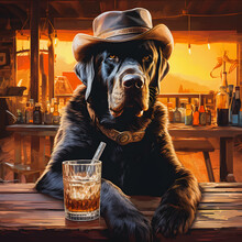 A Black Dog Wearing A Leather Hat Sitting At A Western Bar With A Drink. Generative AI