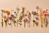 Fototapeta Pokój dzieciecy - Arrangement of spring flowers against a pastel color background. Blooming concept. Flat lay
