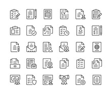 Legal Documents Icons. Vector Line Icons Set. Contract, License, Papers, Certiicate, Business Agreement, Legal Form Concepts. Black Outline Stroke Symbols