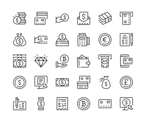 Poster - Payment icons. Vector line icons set. Money, cash, wallet, pay, financial concepts. Black outline stroke symbols